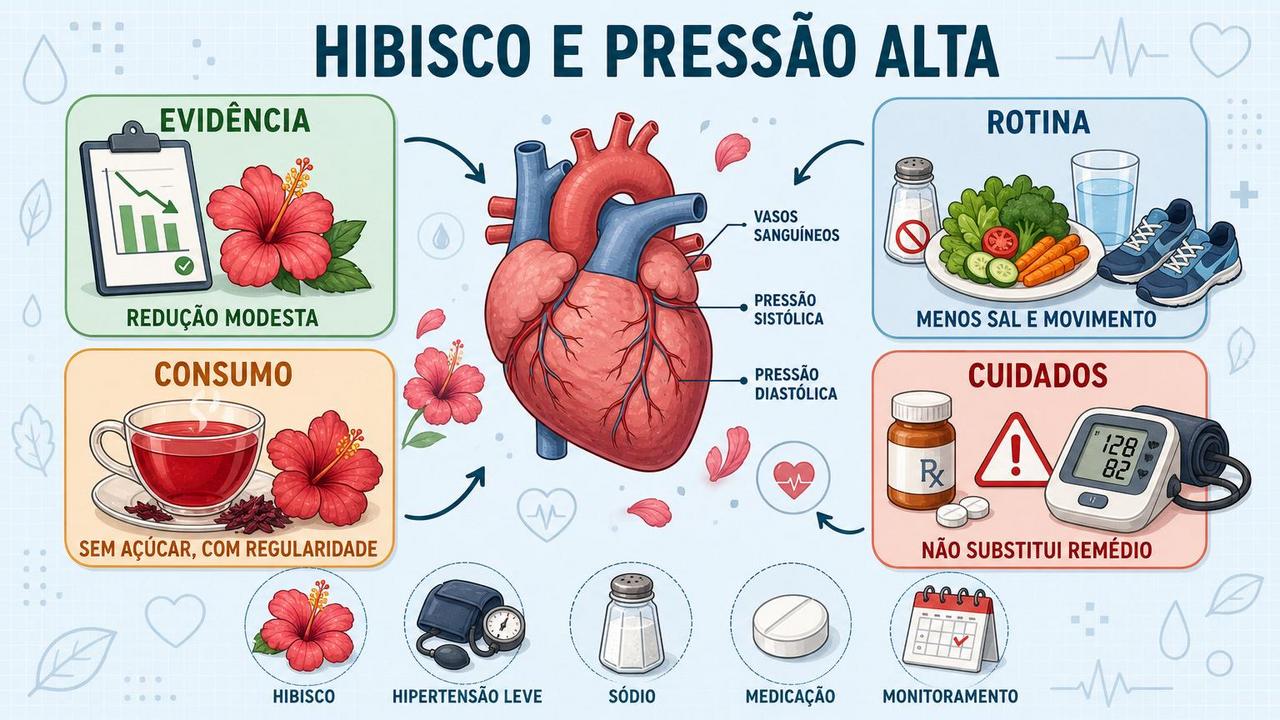 Infográfico resume evidência, rotina, consumo e cuidados com hibisco na hipertensão leve.