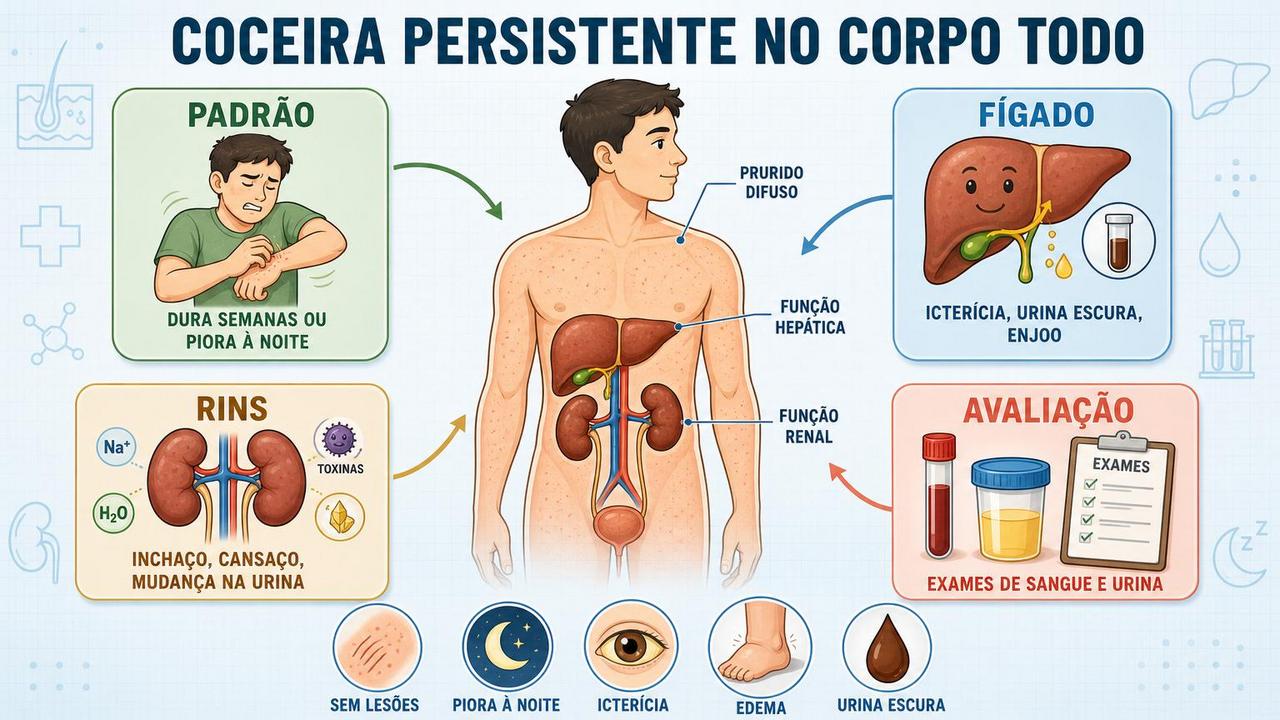 Infográfico resume sinais, órgãos envolvidos e avaliação da coceira persistente difusa.