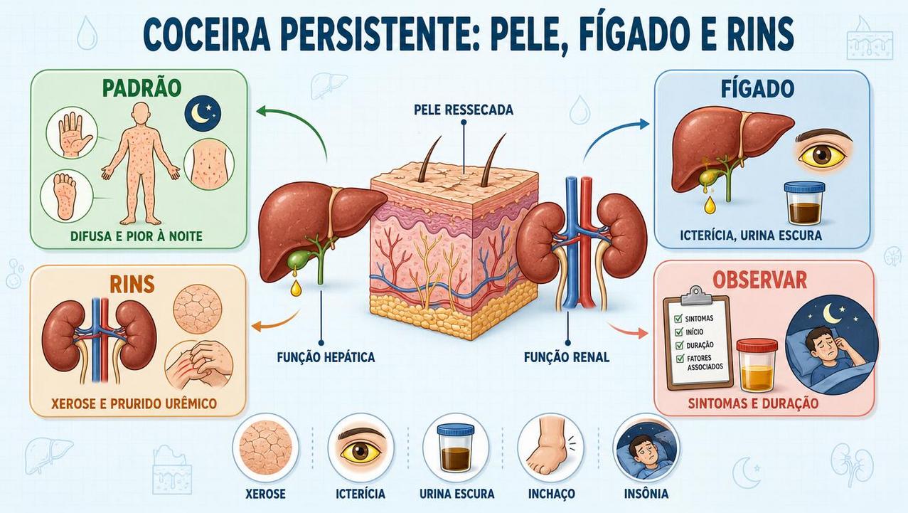 Infográfico resume sinais, órgãos envolvidos e pontos de atenção na coceira persistente.