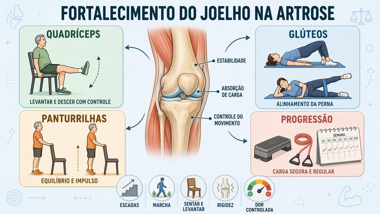 Quadríceps, glúteos, panturrilhas e progressão segura sustentam melhor o joelho.