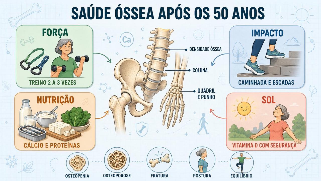 Força, impacto, nutrição e sol formam os pilares da saúde óssea.