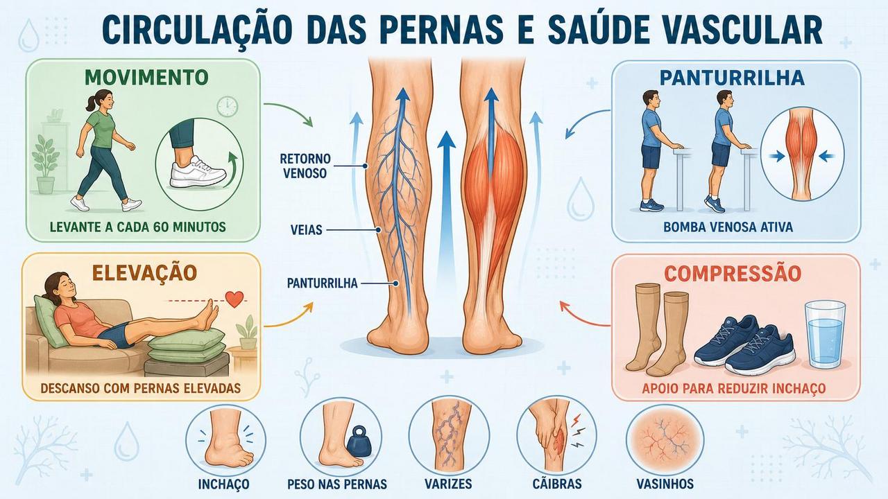 Movimento, panturrilha, elevação e compressão sustentam a circulação das pernas.