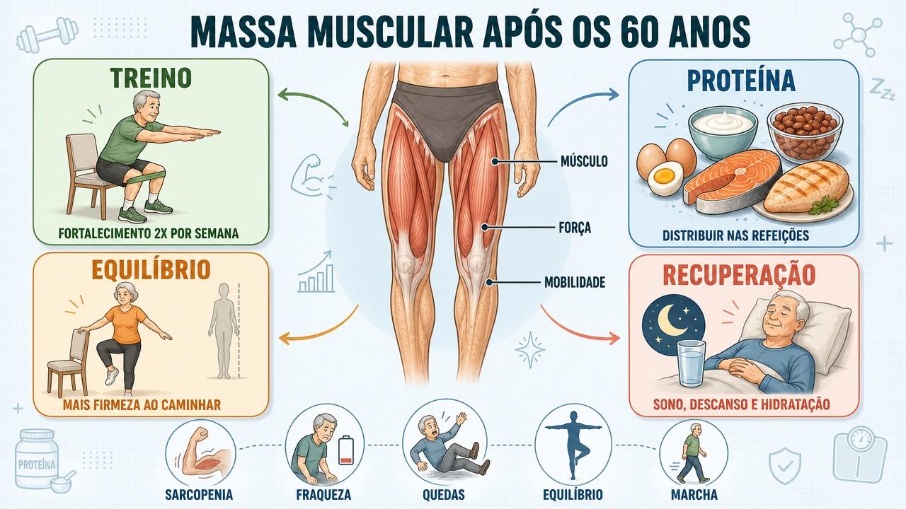 Treino, proteína, equilíbrio e recuperação sustentam força e mobilidade no envelhecimento.