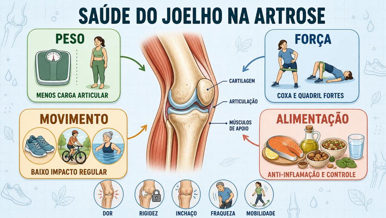 Peso, força, movimento e alimentação sustentam a saúde do joelho.