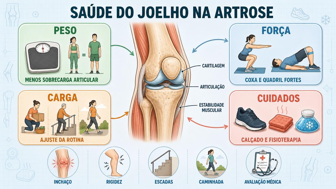 Quatro pilares protegem o joelho com artrose e melhoram dor e função.