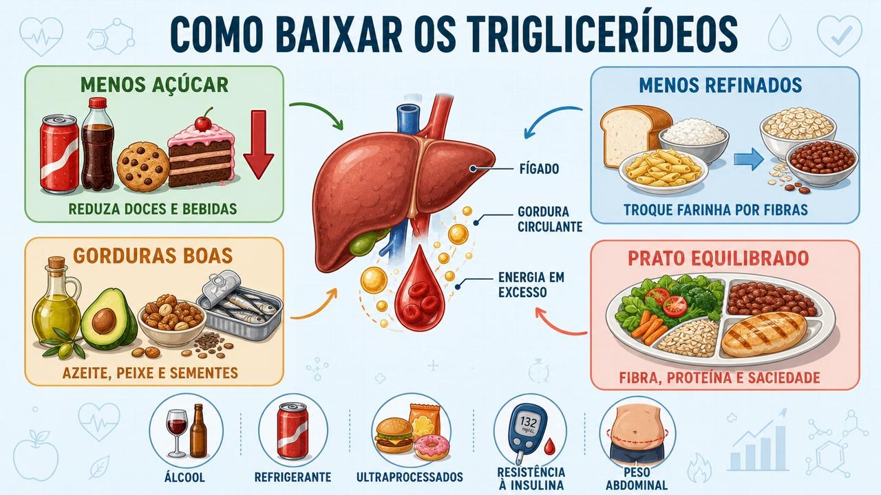 Quatro pilares alimentares para controlar triglicerídeos e melhorar o perfil lipídico.