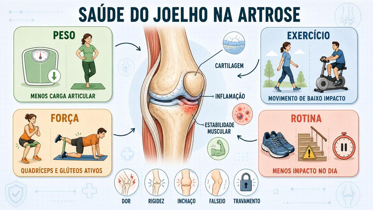 Peso, exercício, força e rotina protegem o joelho com artrose.