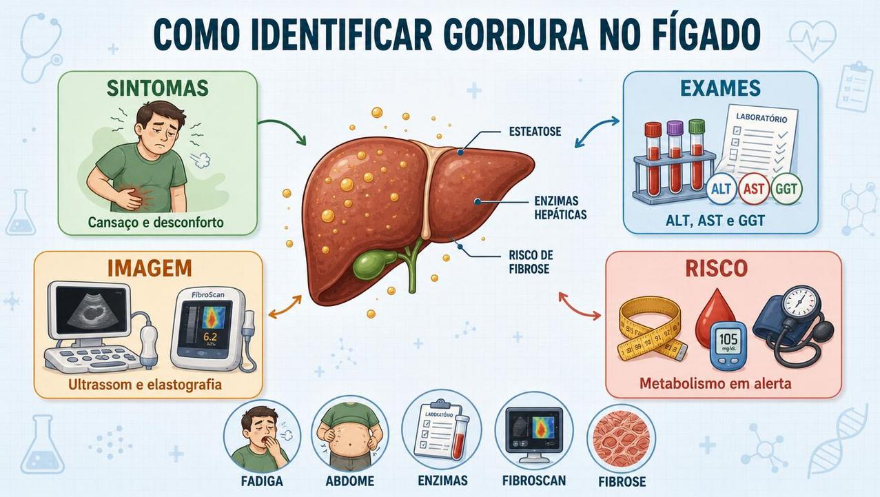 Sintomas, exames, imagem e risco metabólico orientam a investigação da esteatose.