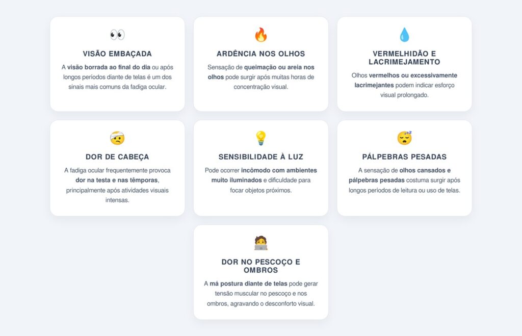 Quais são os principais sintomas da fadiga ocular?
