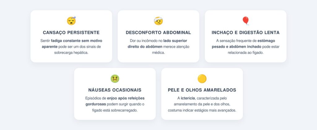 Quais sinais podem indicar sobrecarga hepática?