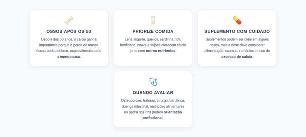 Cálcio Após os 50: Por Que Priorizar Comida Antes do Suplemento