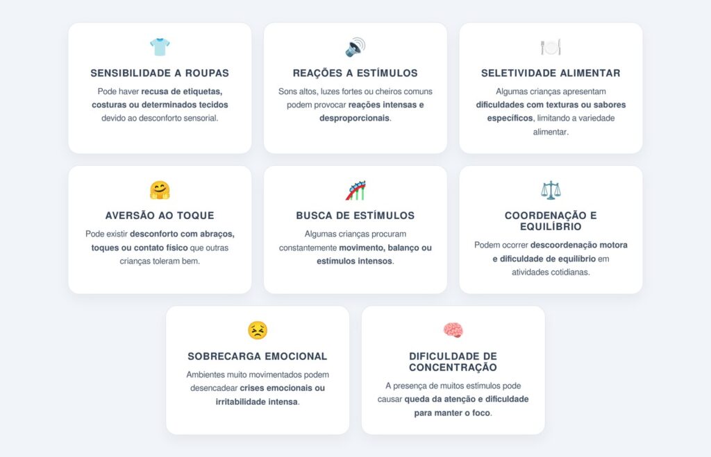 Quais sinais indicam dificuldades no processamento sensorial?