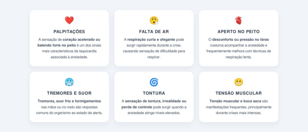 Quais sintomas físicos acompanham a taquicardia ansiosa?