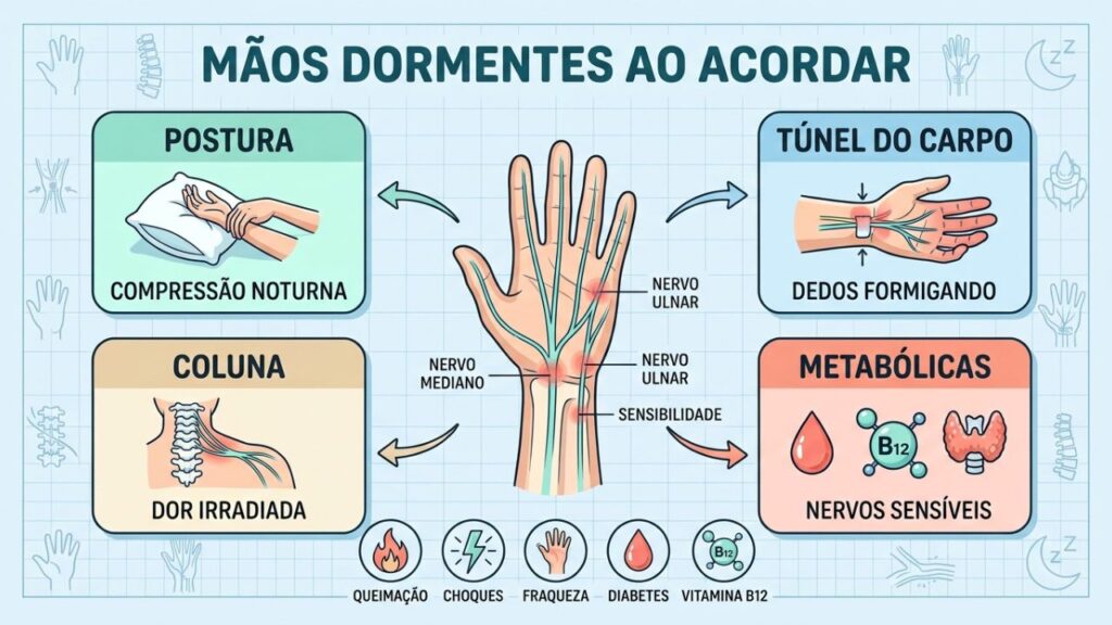 Postura, punho, coluna e metabolismo ajudam a explicar mãos dormentes.