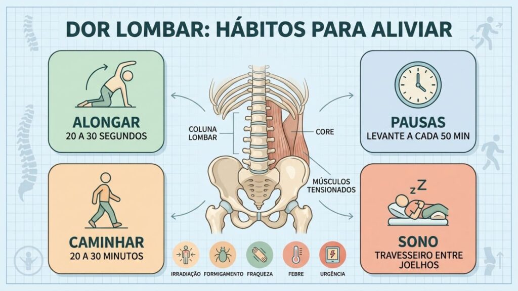 Quatro hábitos diários para reduzir tensão e proteger a região lombar.
