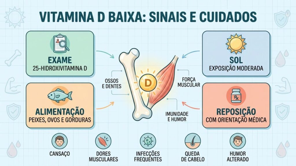 Exame, sol, alimentação e orientação médica apoiam a reposição segura.