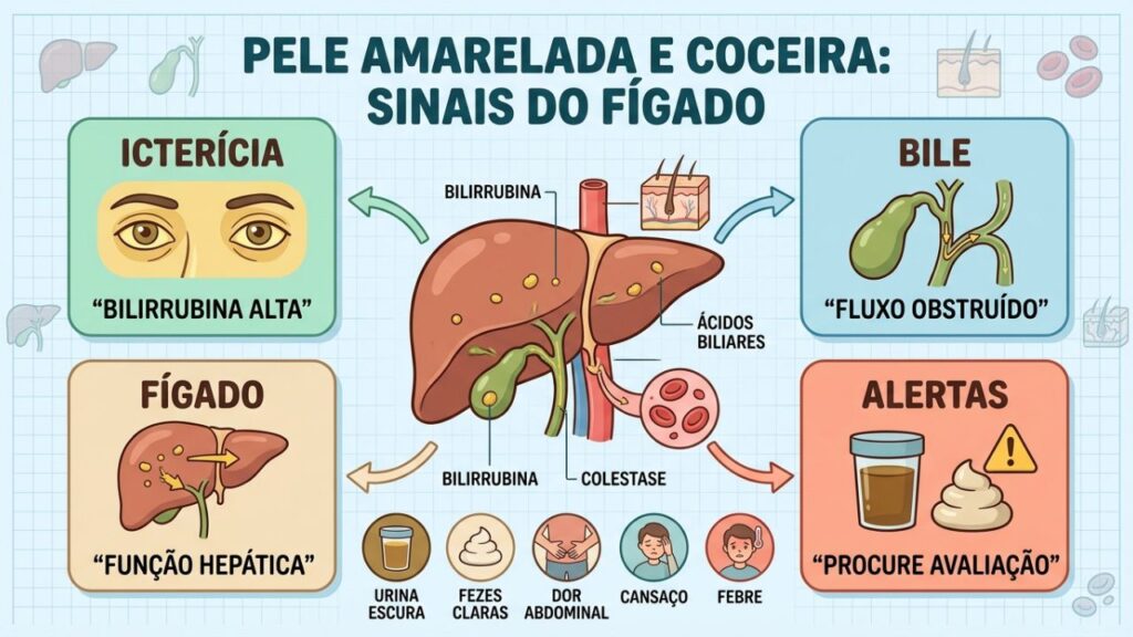 Bilirrubina, bile, fígado e alertas orientam a investigação.