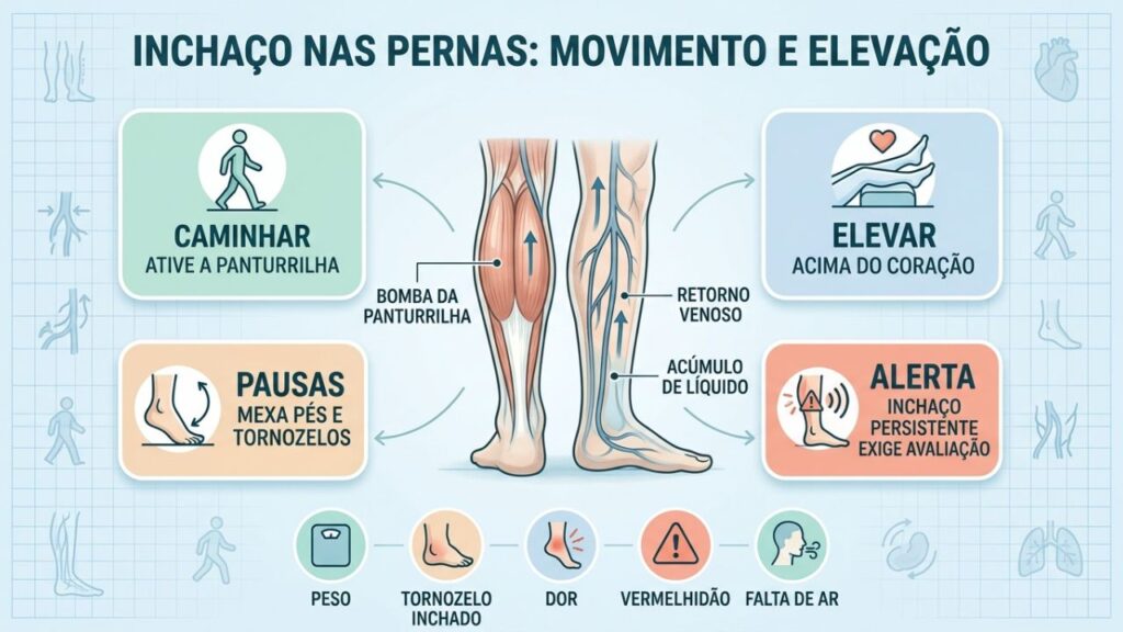 Caminhada, elevação, pausas e sinais de alerta orientam o cuidado circulatório.