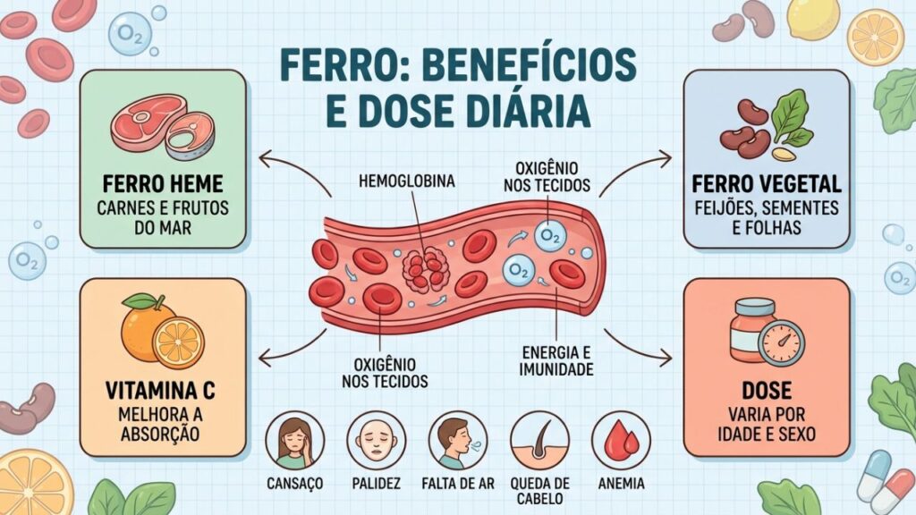 Fontes, absorção, dose diária e sinais de anemia orientam o cuidado.