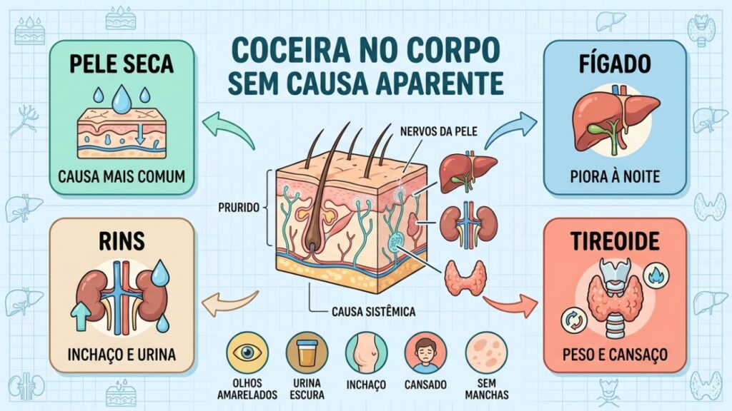 Pele, fígado, rins e tireoide orientam a investigação do prurido.