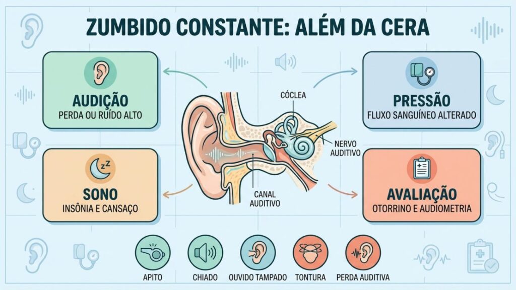 Audição, pressão, sono e avaliação orientam a investigação do zumbido.