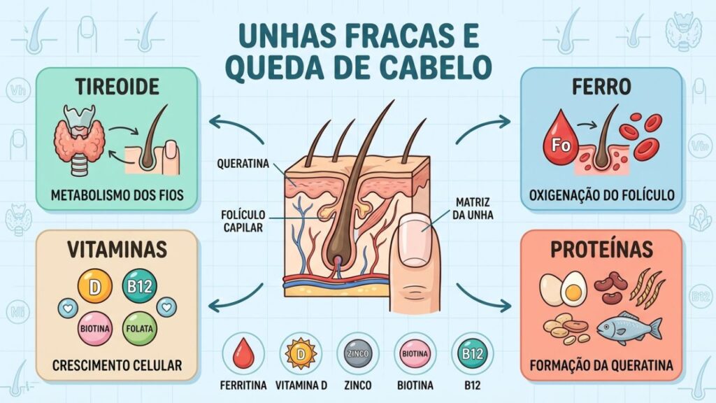 Tireoide, ferro, vitaminas e proteínas sustentam fios e unhas saudáveis.