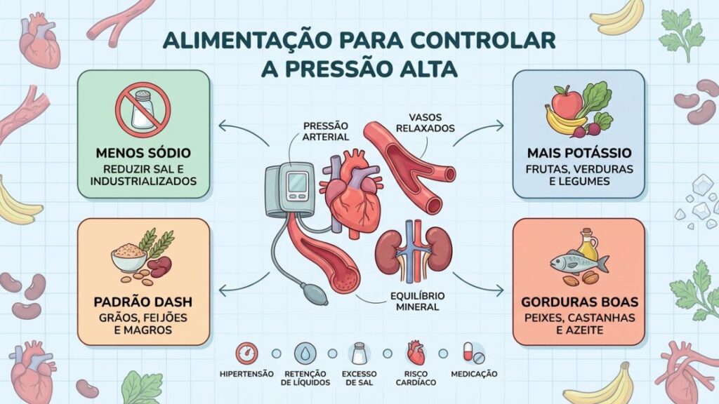 Quatro pilares da dieta ajudam a equilibrar sódio, potássio e pressão.