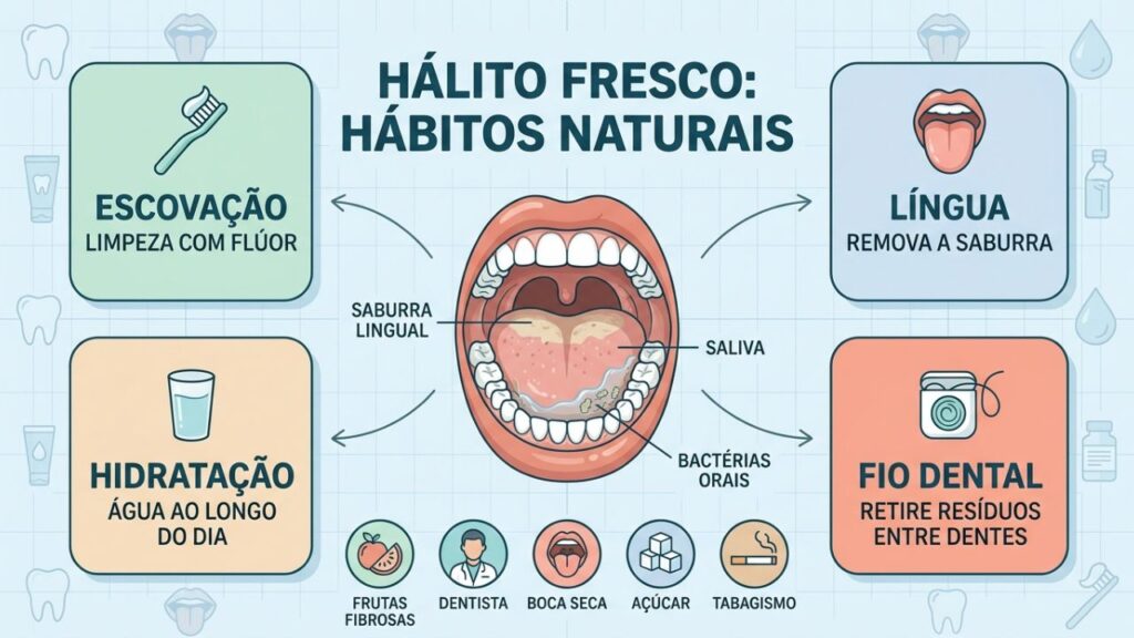 Escovação, língua, hidratação e fio dental mantêm o hálito fresco.