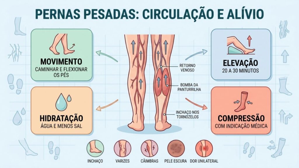 Pausas, hidratação, compressão e alerta orientam o cuidado vascular diário.