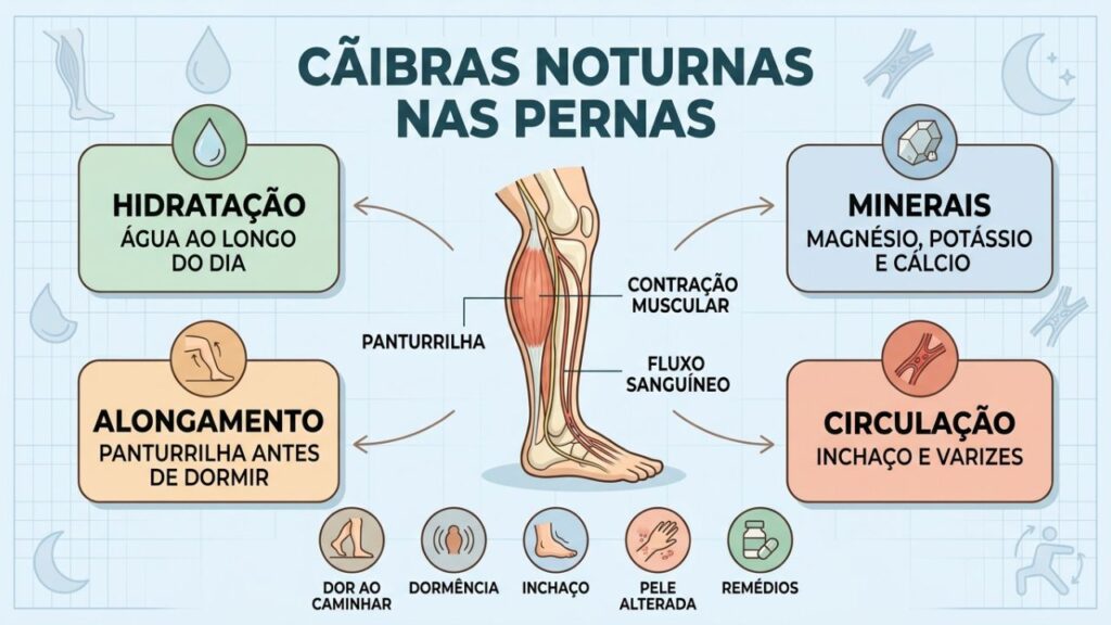 Hidratação, minerais, alongamento e circulação explicam cãibras nas pernas.