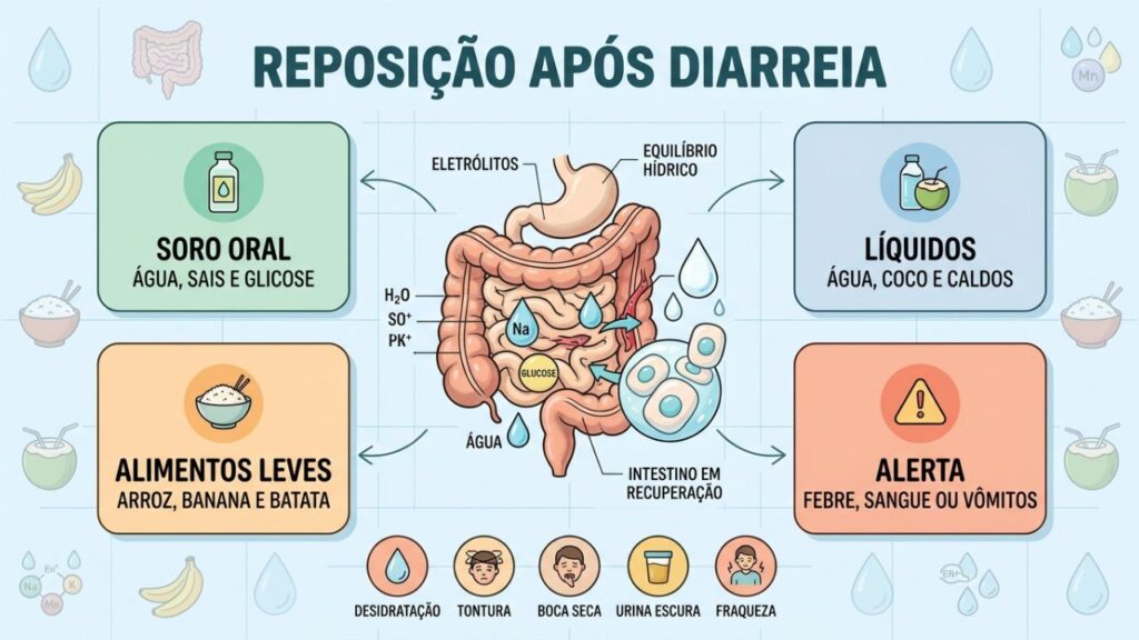 Quatro cuidados repõem água, sais e energia após a diarreia.