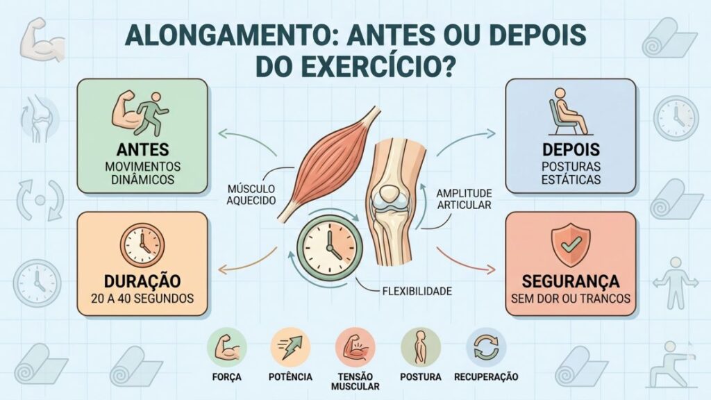 Antes, depois, duração e segurança definem o alongamento mais adequado.