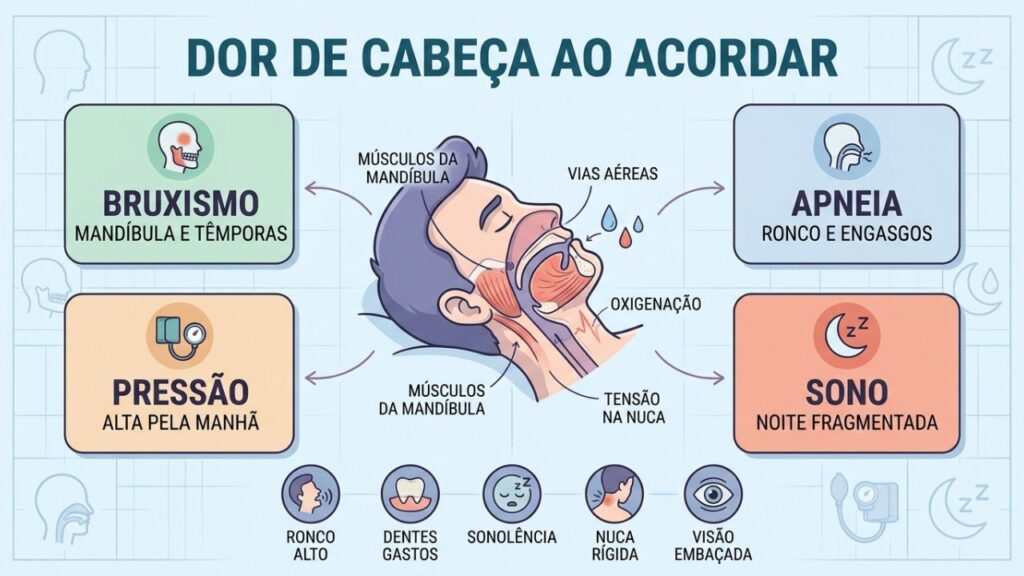 Bruxismo, apneia, pressão e sono fragmentado explicam dores matinais.
