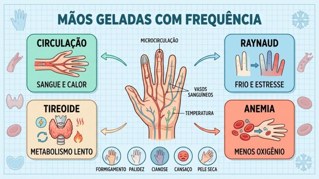 Circulação, Raynaud, tireoide e anemia ajudam a investigar mãos frias.