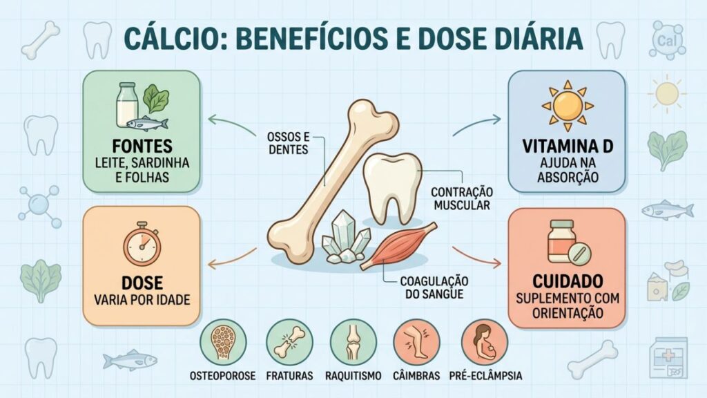 Fontes, dose, absorção e benefícios orientam o cuidado diário com cálcio.