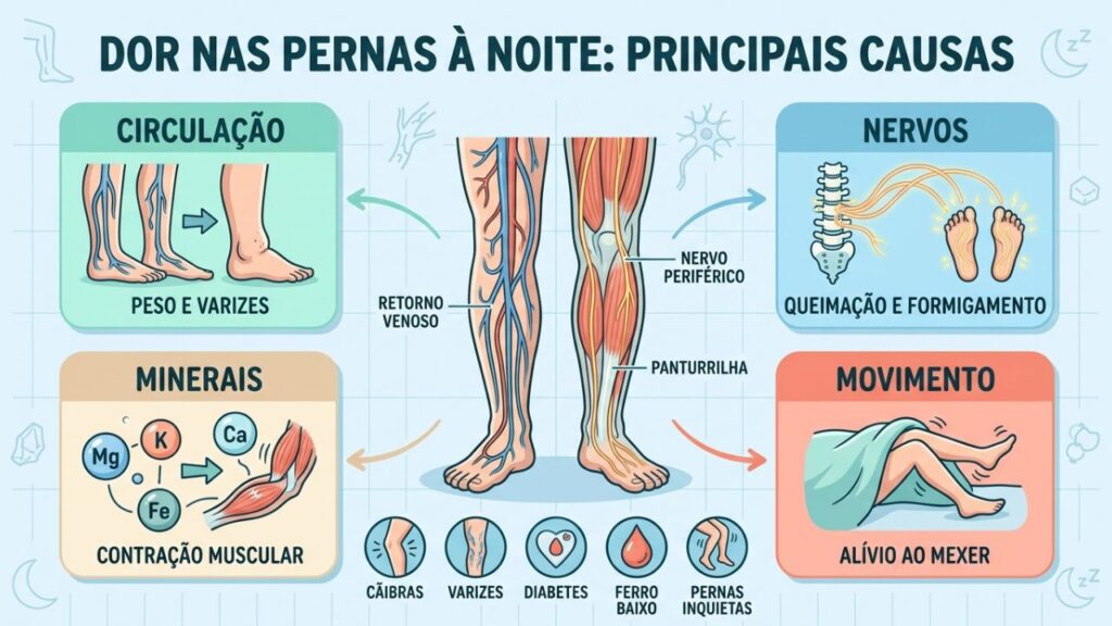 Circulação, nervos, minerais e movimento ajudam a diferenciar causas noturnas.