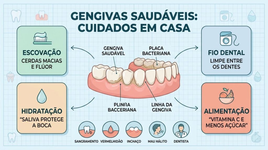Escovação, fio dental, hidratação e alimentação fortalecem as gengivas.