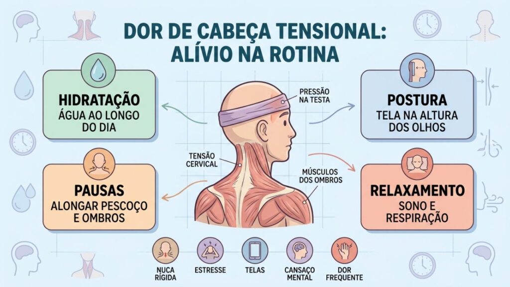 Hidratação, postura, pausas e relaxamento reduzem tensão na cabeça e pescoço.