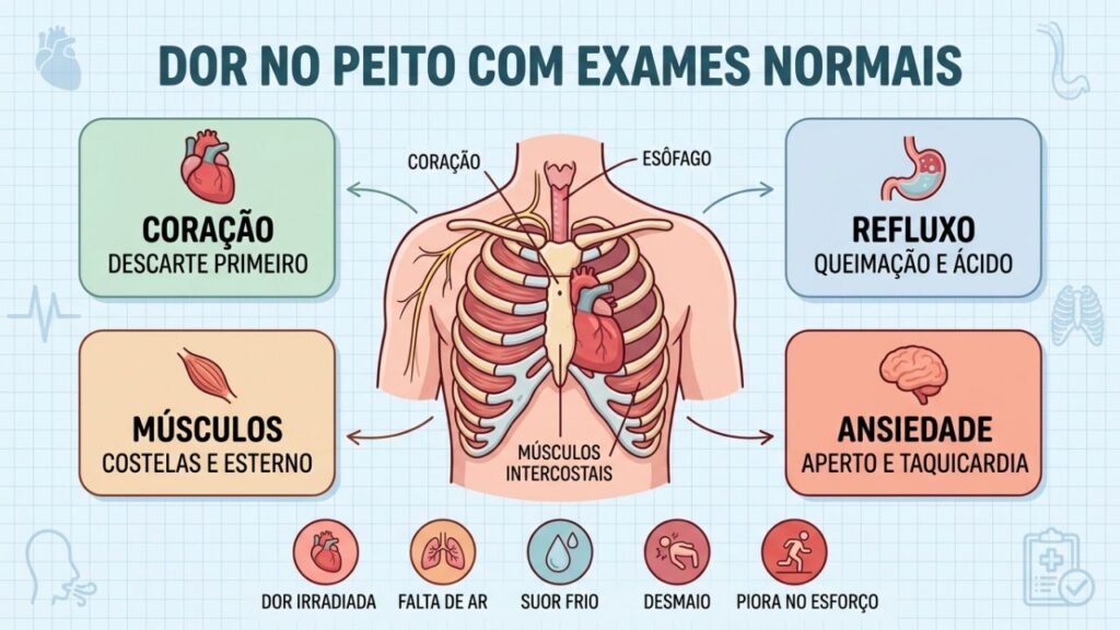 Refluxo, músculos e ansiedade também podem causar dor no peito.