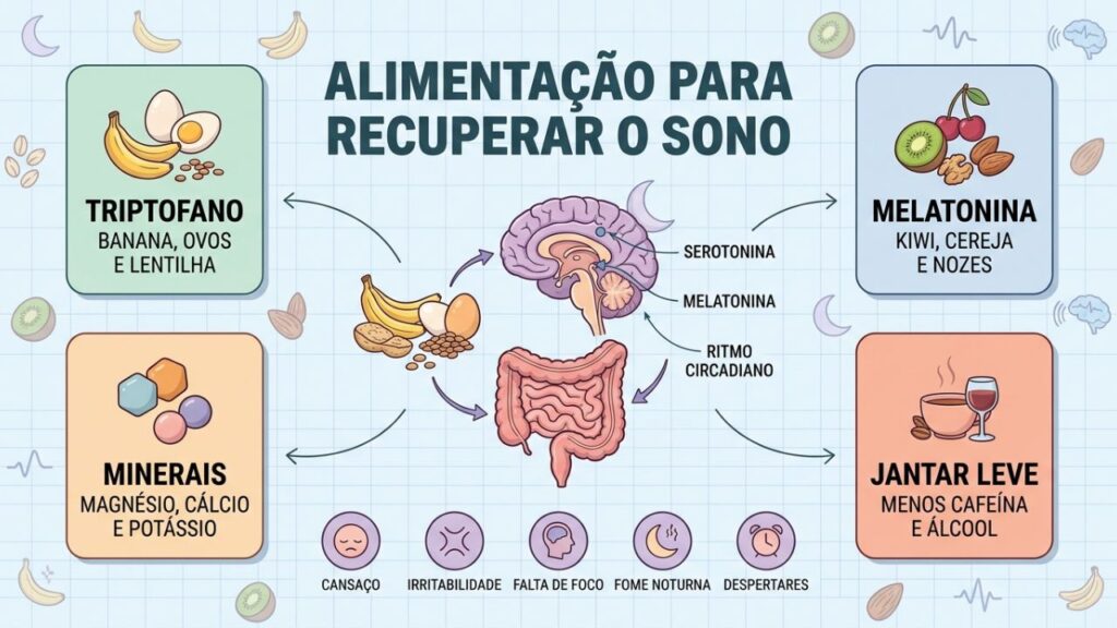 Quatro pilares alimentares favorecem melatonina, relaxamento e sono reparador.