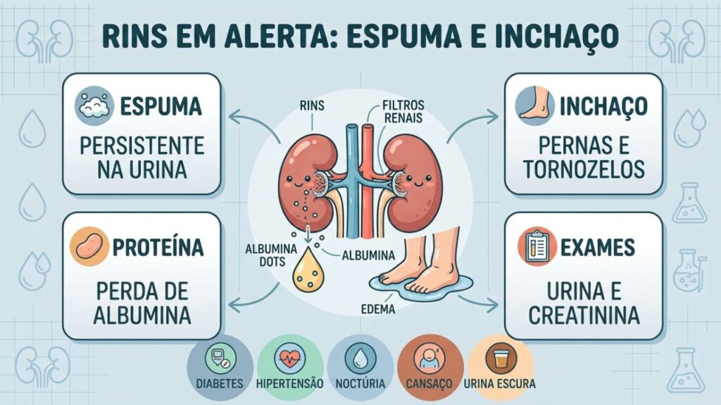 Proteína na urina, edema e exames ajudam a investigar os rins.