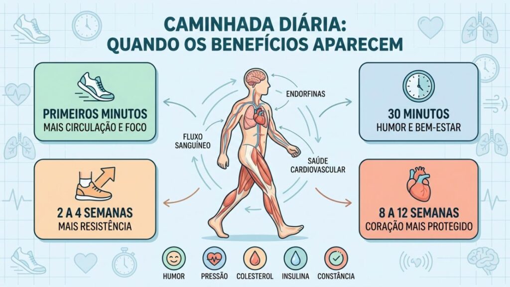 Benefícios da caminhada aparecem em fases, com constância e progressão.