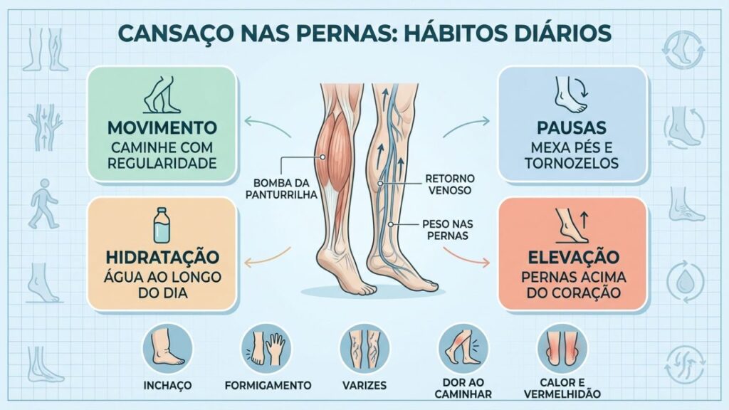 Movimento, pausas, hidratação e elevação ajudam o retorno venoso.
