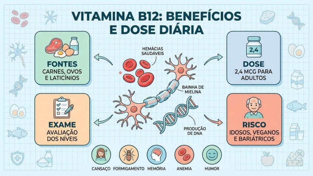 Fontes, dose, exame e grupos de risco orientam o cuidado com B12.