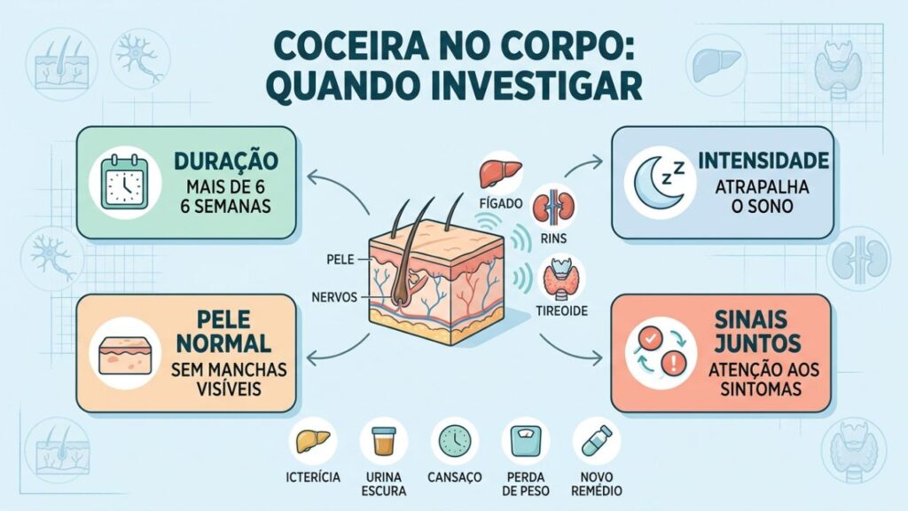 Duração, intensidade e sinais associados ajudam a investigar a coceira.