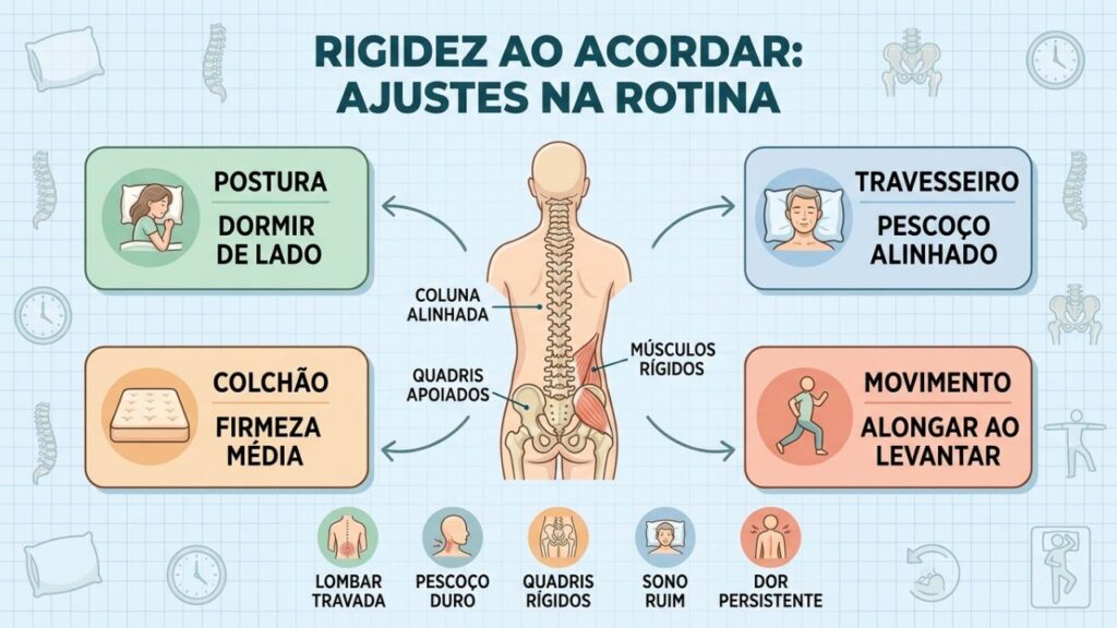 Postura, travesseiro, colchão e movimento reduzem a rigidez matinal.