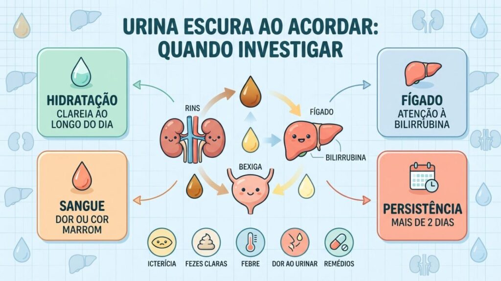 Infográfico diferencia hidratação, bilirrubina, sangue e persistência na urina escura.