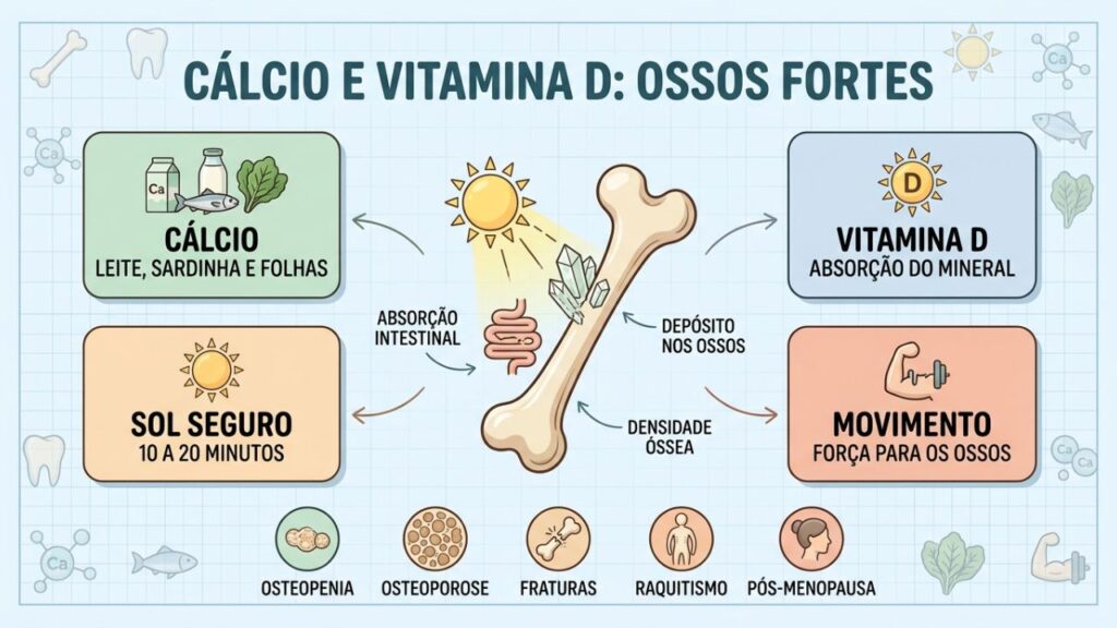 Alimentação, sol, movimento e absorção sustentam ossos fortes ao longo da vida.