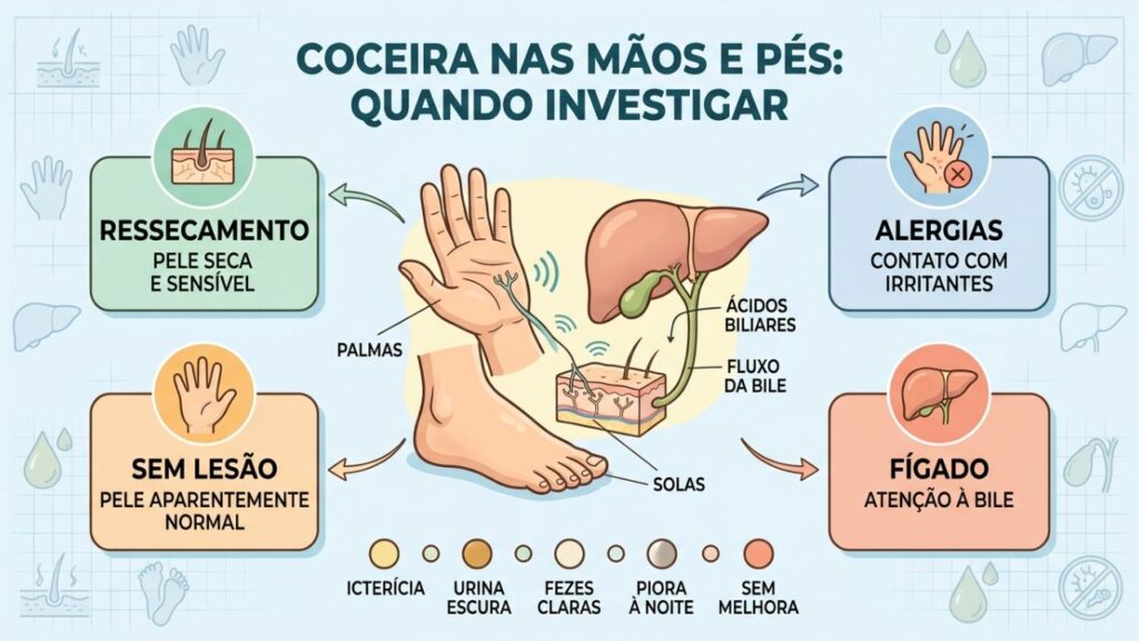 Ressecamento, alergias, bile e sinais associados orientam a investigação.