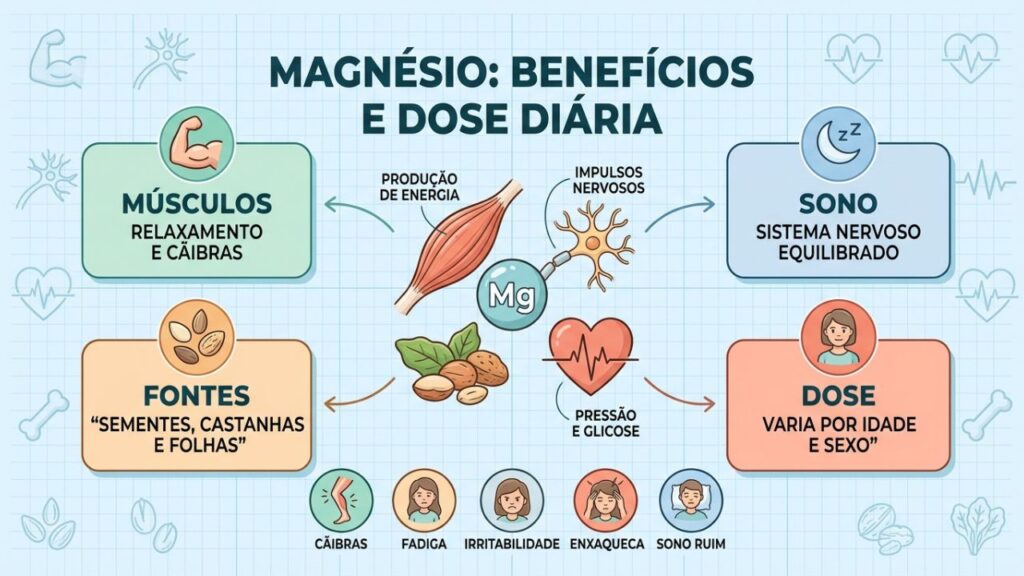 Músculos, sono, fontes e dose orientam o cuidado diário com magnésio.